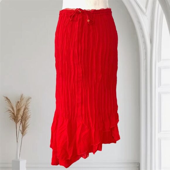 Romantic Goth Whimsigoth Asymmetric Frilly Red Layered Midi Skirt One Size - Picture 1 of 5
